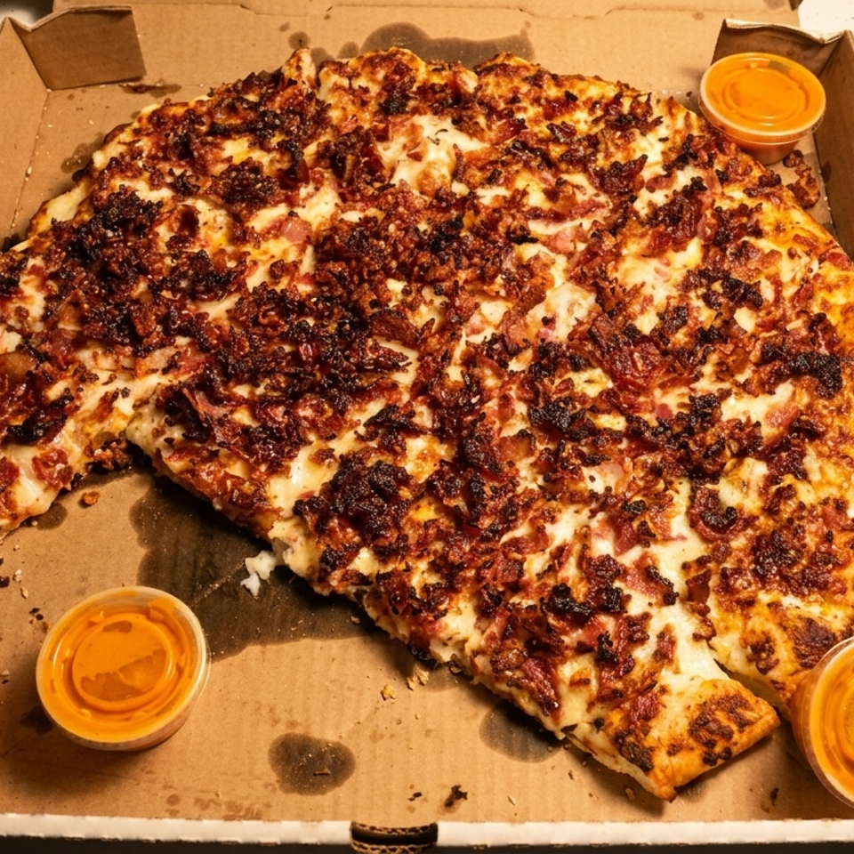 A large, irregularly shaped pizza covered in melted cheese and crispy bacon bits, with three sauce cups.