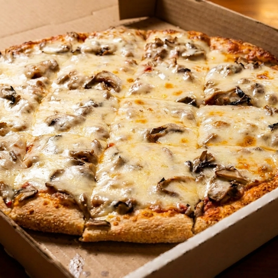 A freshly baked mushroom pizza, generously topped with melted cheese, sits in an open cardboard box.
