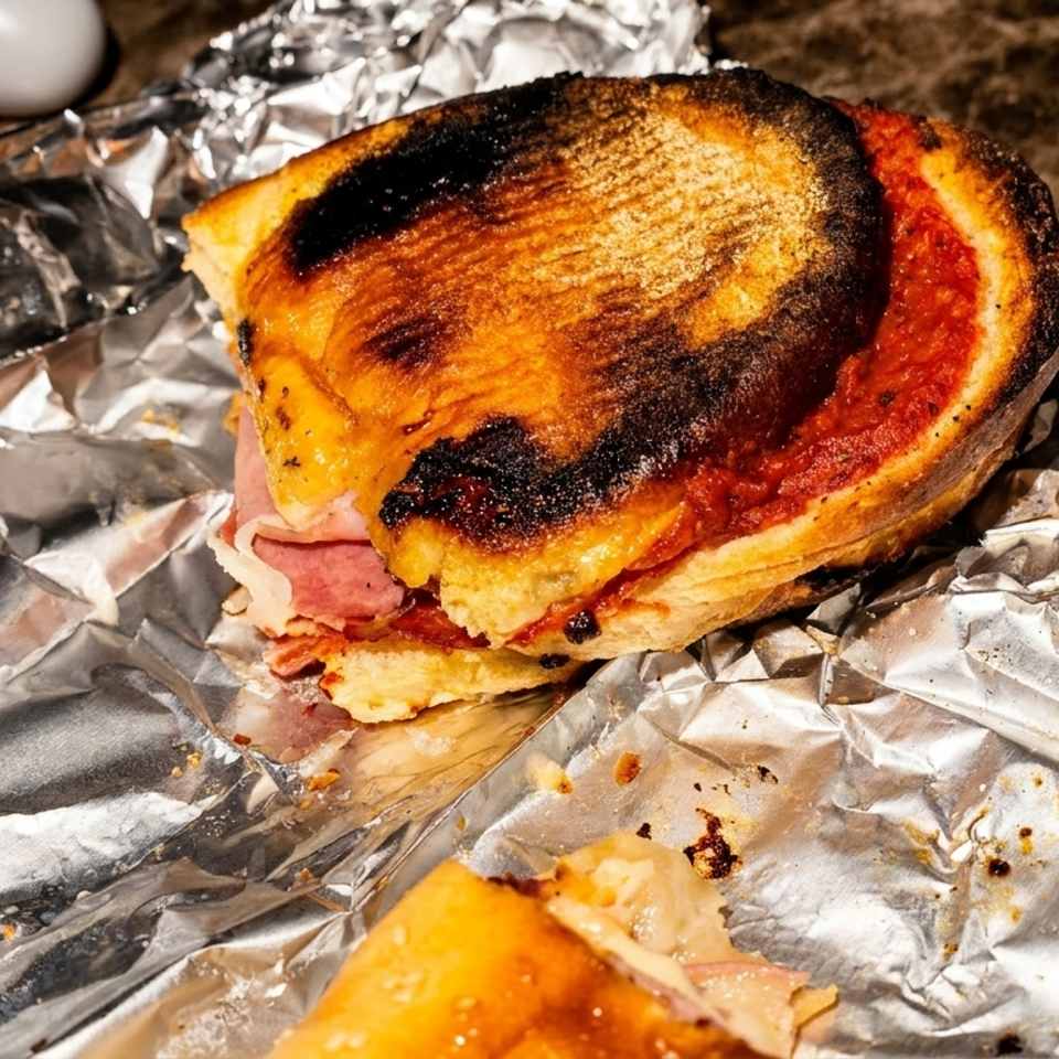 A toasted sandwich with red sauce and meat, partially wrapped in aluminum foil.