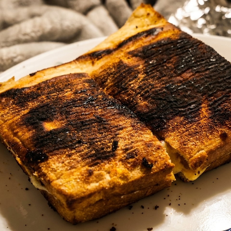 A burnt grilled cheese sandwich, cut in half, rests on a white plate with a floral design.