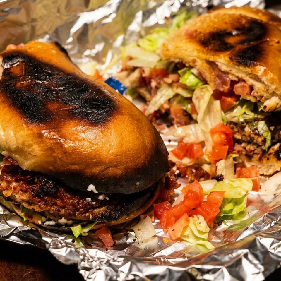 Two grilled sandwiches with lettuce, tomatoes, and bacon, served in aluminum foil.