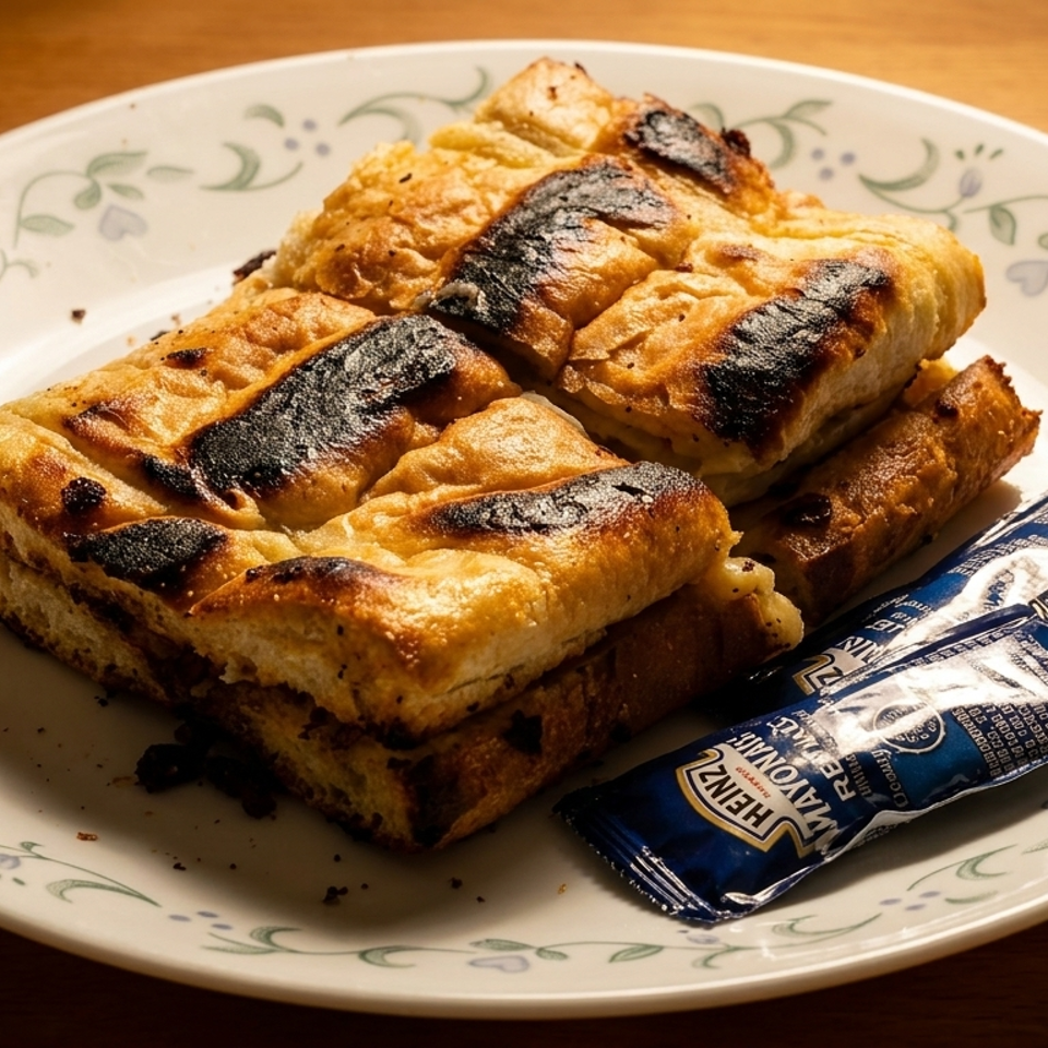 Grilled cheese sandwiches with charred marks and two Heinz mayonnaise packets on a floral plate.